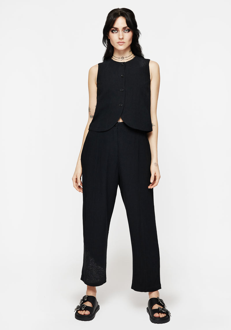 Aya Embroidered Linen Blend Button Front Waistcoat