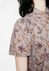 Blossom Floral Tile Printed Cropped Button Up Shirt