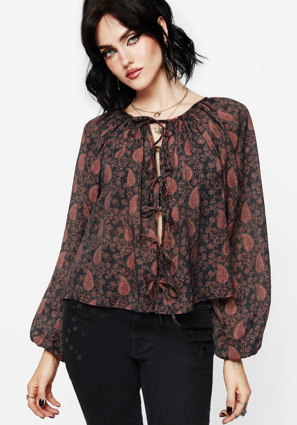 Isola Sheer Paisley Tie Front Blouse