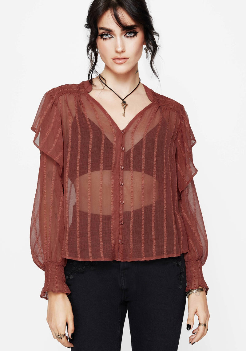 Asteria Sheer Textured Stripe Ruffle Blouse