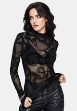 Paleo Flocked Mesh Skeletal Snake Long Sleeve Ruched Top