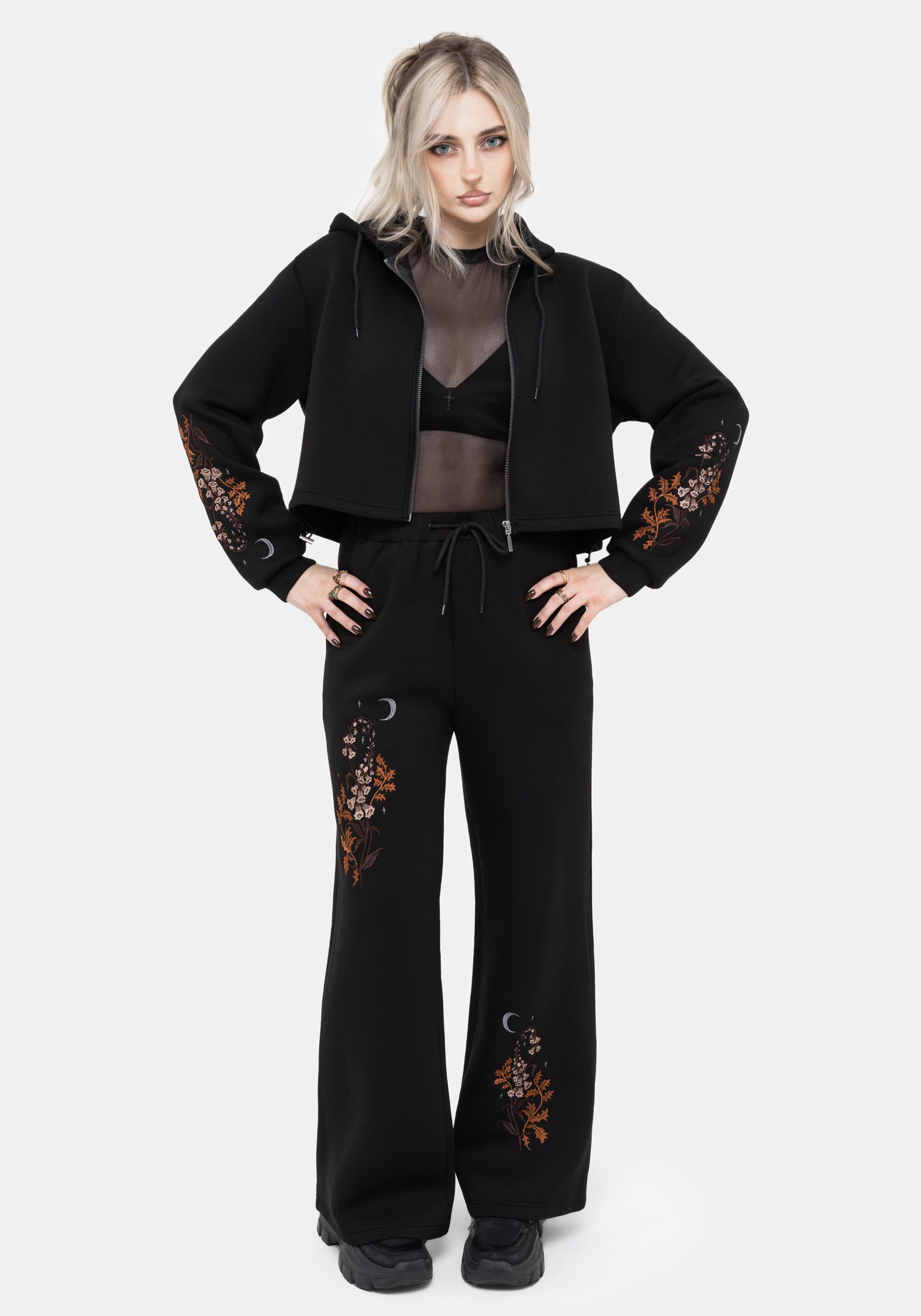 Foxglove Embroidered Zip Up Cropped Hoodie