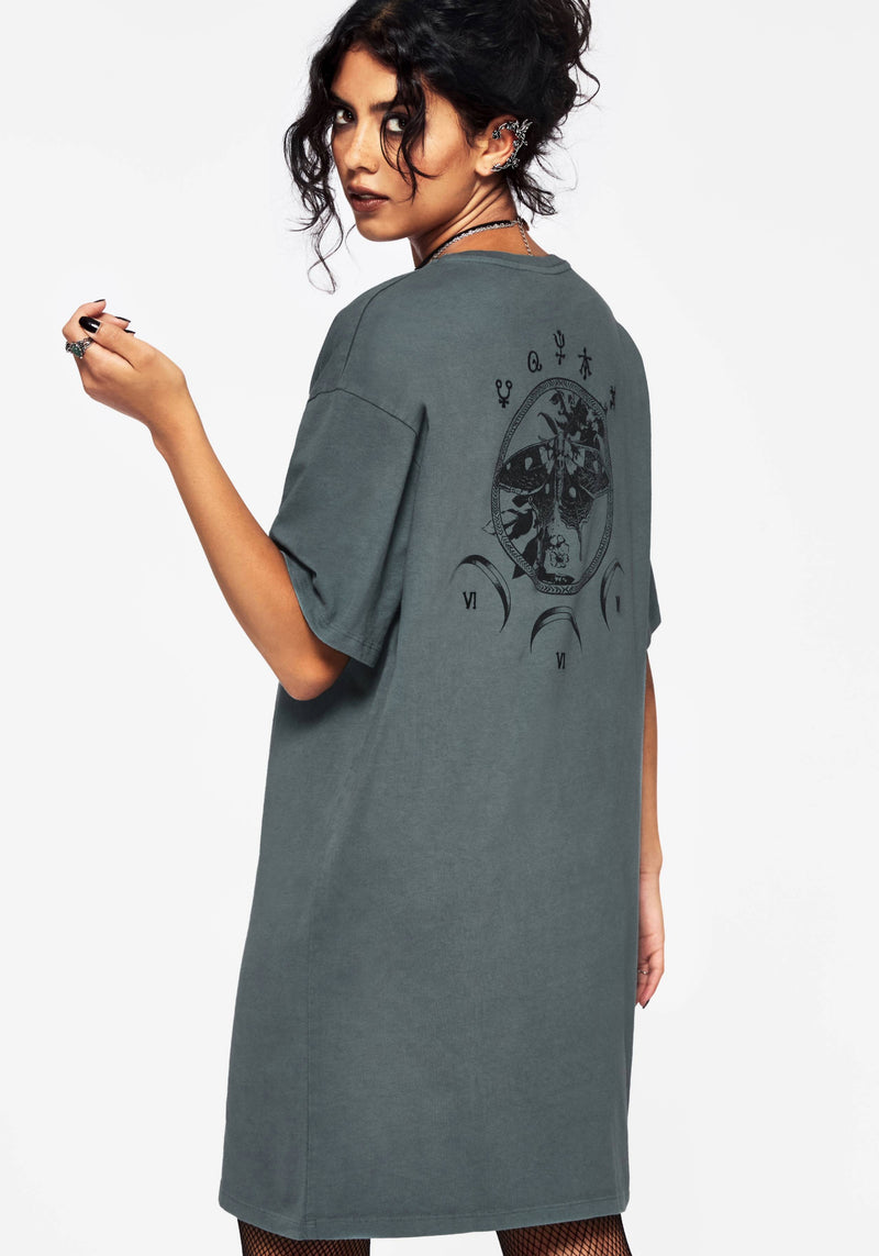 Artemisia Cotton Acid Wash Moth Graphic Tee Dress