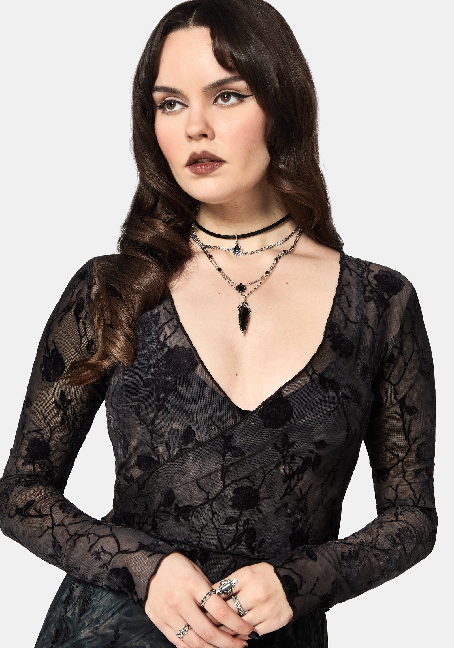 Monroe Flocked Long Sleeved Mesh Wrap Over Top