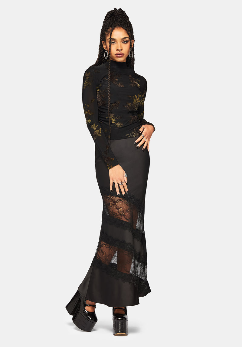 Velda Floral Flocked Ruche Side Mesh Top