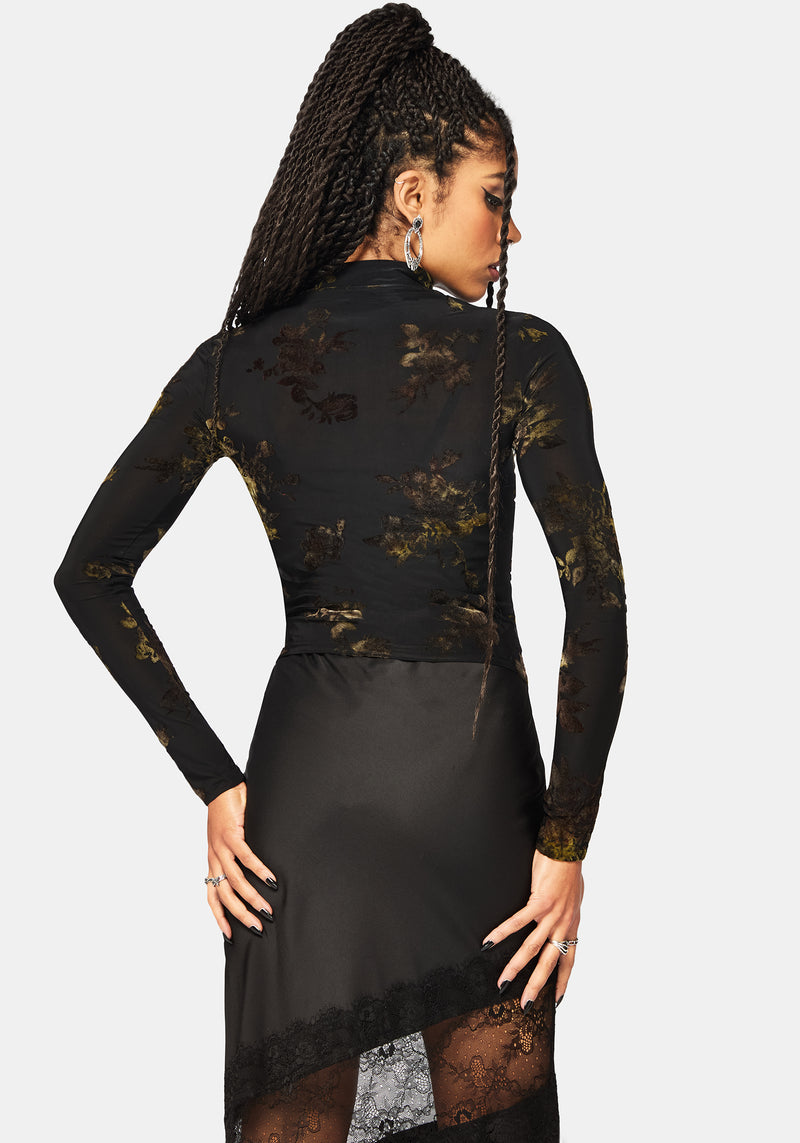 Velda Floral Flocked Ruche Side Mesh Top