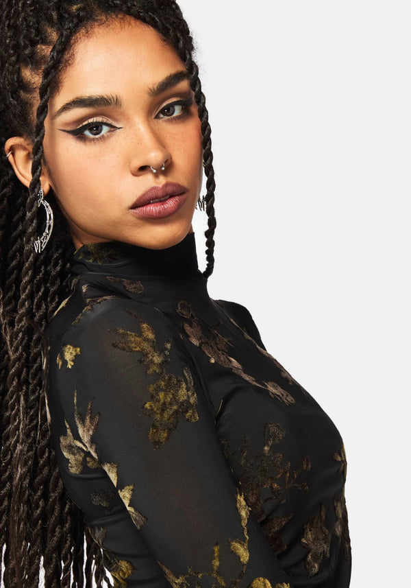 Velda Floral Flocked Ruche Side Mesh Top