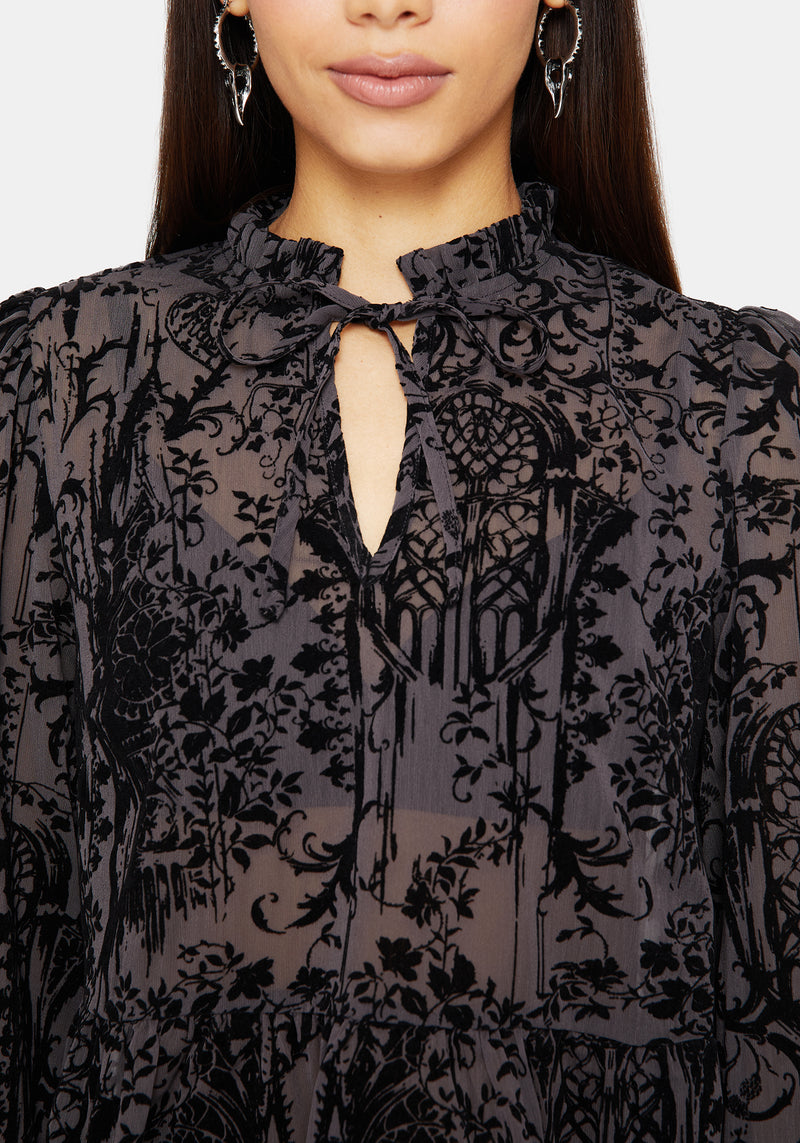 Thorned Flocked Castle Print Chiffon Frill Blouse