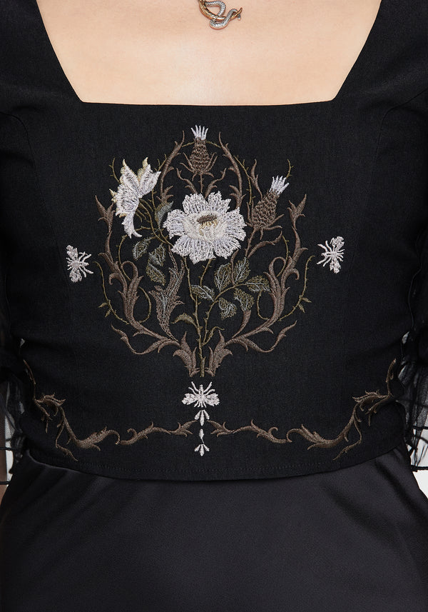 Silva Climbing Roses Embroidered Puff Sleeve Top