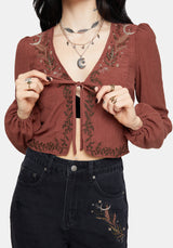 Abellona Embroidered Rust Tie Front Blouse