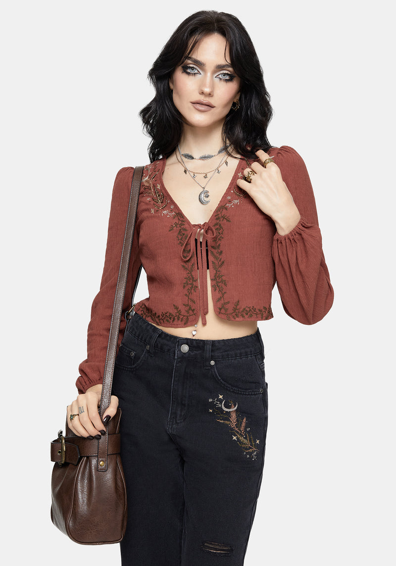 Abellona Embroidered Rust Tie Front Blouse