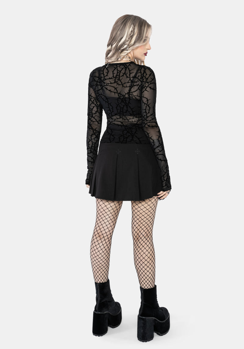 Prickle Thorn Print Mesh Long Sleeve Top - Black