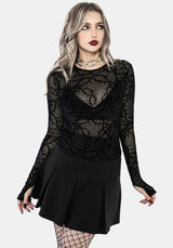 Prickle Thorn Print Mesh Long Sleeve Top - Black