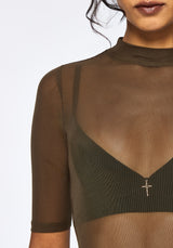 Jinx Mesh Short Sleeve Top - Khaki Green