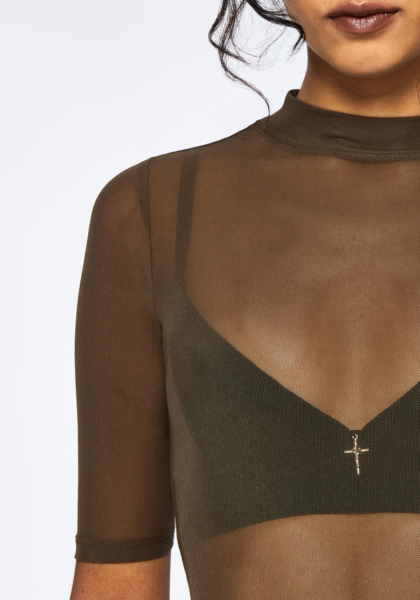 Jinx Mesh Short Sleeve Top - Khaki Green