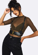 Jinx Mesh Short Sleeve Top - Khaki Green