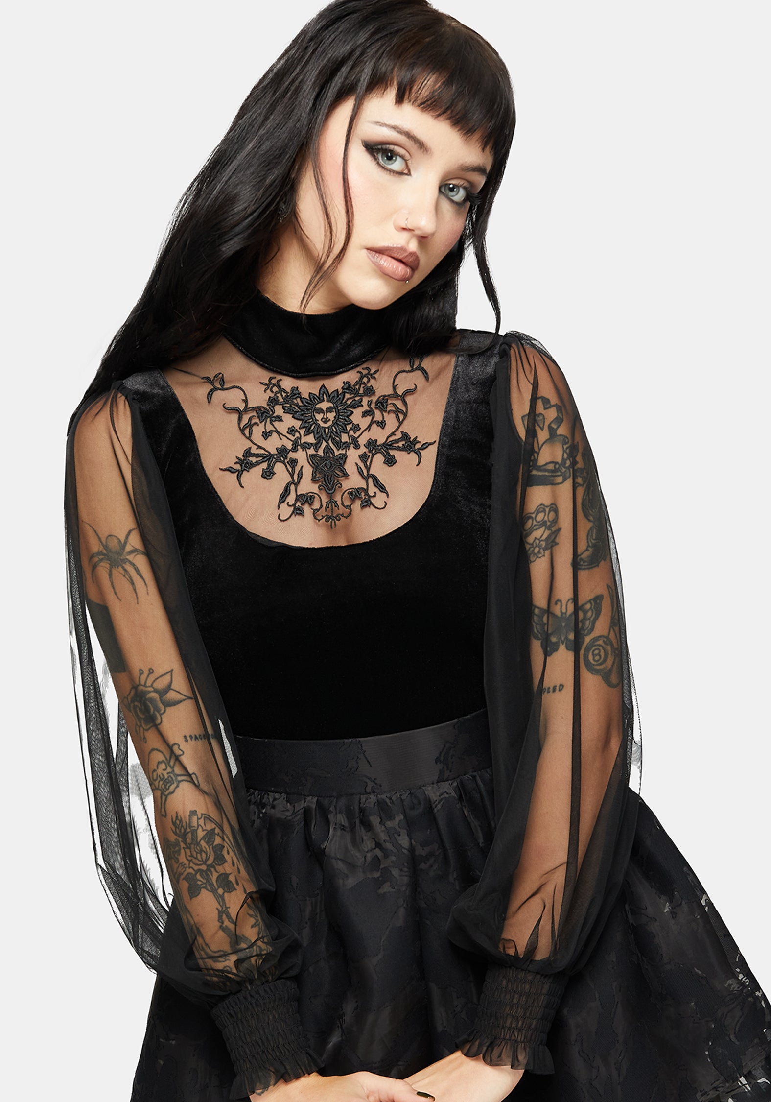 Trixie Velvet Embroidered Long Sleeve Funnel Top