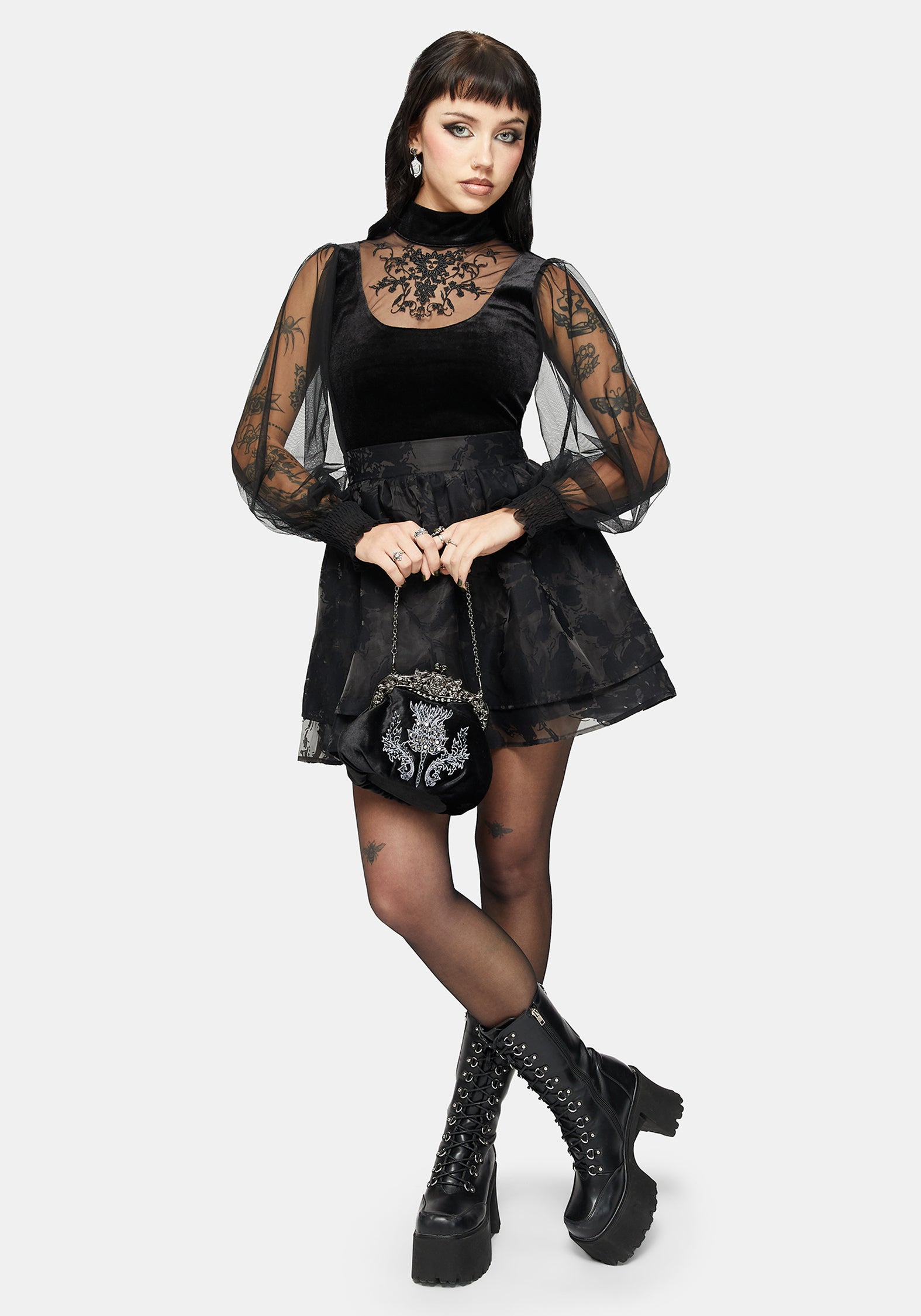 Trixie Velvet Embroidered Long Sleeve Funnel Top