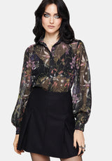 Elide Black Orchid Print Chiffon Blouse UK 10