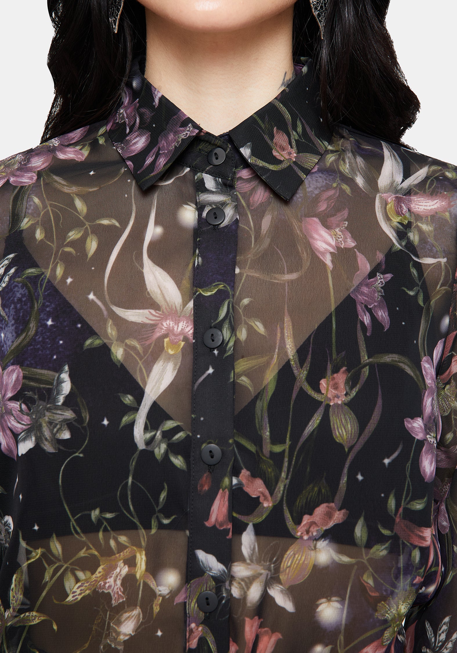 Elide Black Orchid Print Chiffon Blouse UK 10