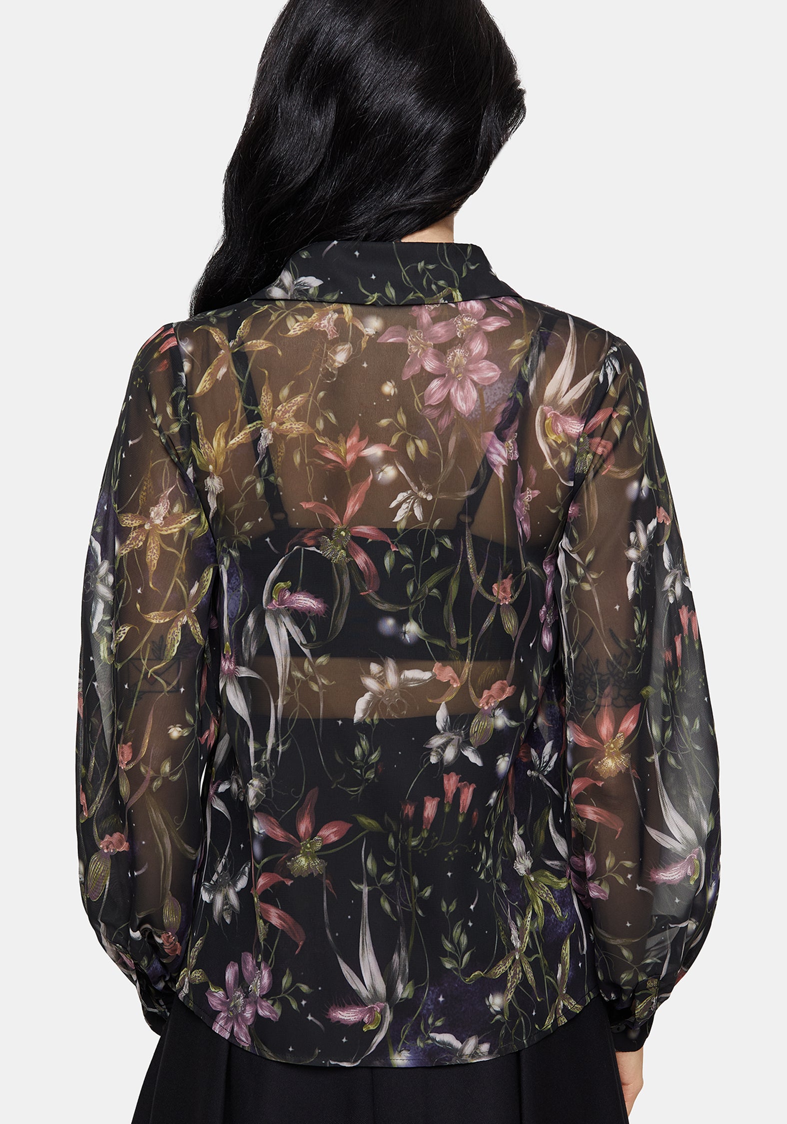 Elide Black Orchid Print Chiffon Blouse UK 10