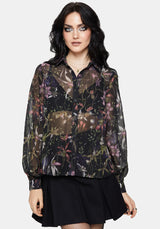 Elide Black Orchid Print Chiffon Blouse UK 10
