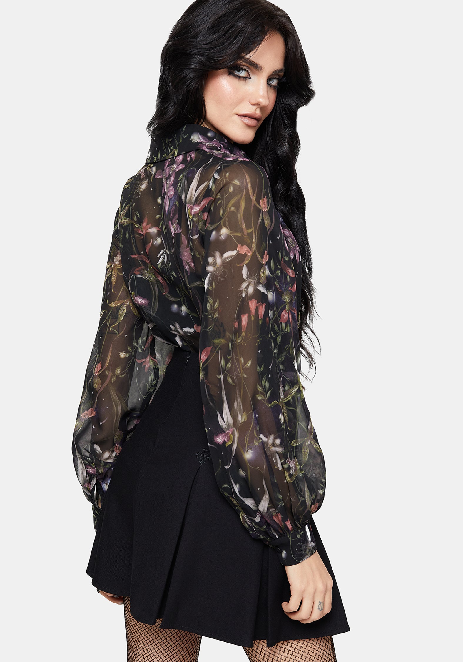 Elide Black Orchid Print Chiffon Blouse UK 10