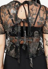 Estrid Embroidered Mesh Tie Back Blouse Top - Silver