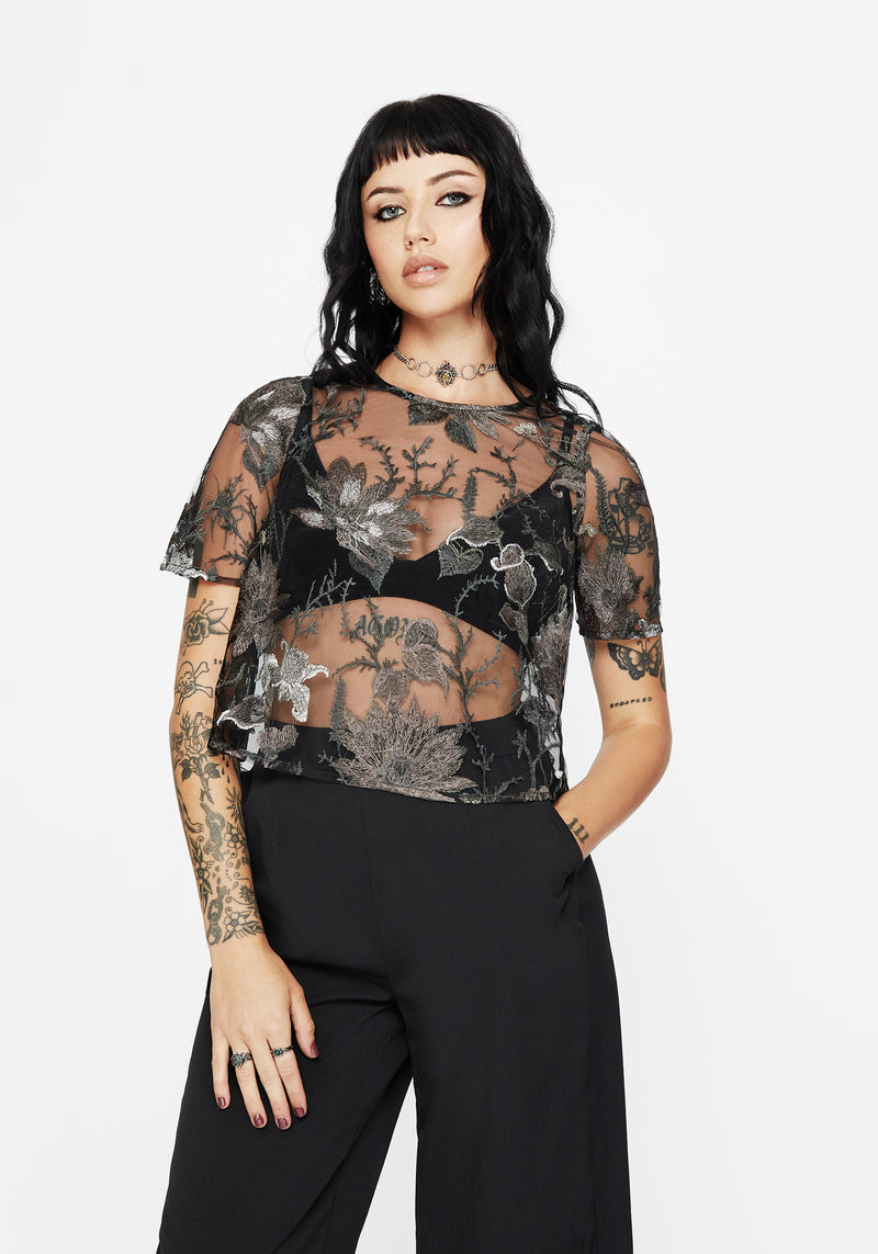 Estrid Embroidered Mesh Tie Back Blouse Top - Silver