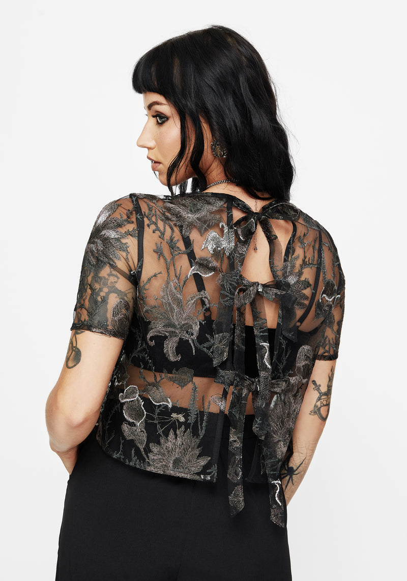 Estrid Embroidered Mesh Tie Back Blouse Top - Silver