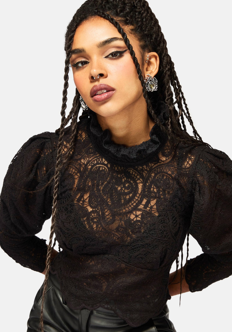 Lyra Lace Ruched High Neck Blouse - Black