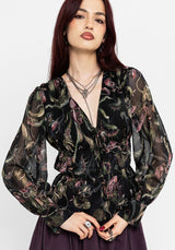 Dionaea Flytrap Print Ruched Button Down Top