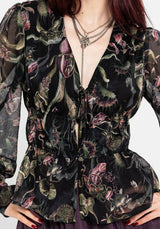 Dionaea Flytrap Print Ruched Button Down Top