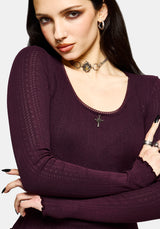 Lucera Long Sleeve Pointelle Scoop Neck Top - Burgundy
