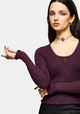 Lucera Long Sleeve Pointelle Scoop Neck Top - Burgundy