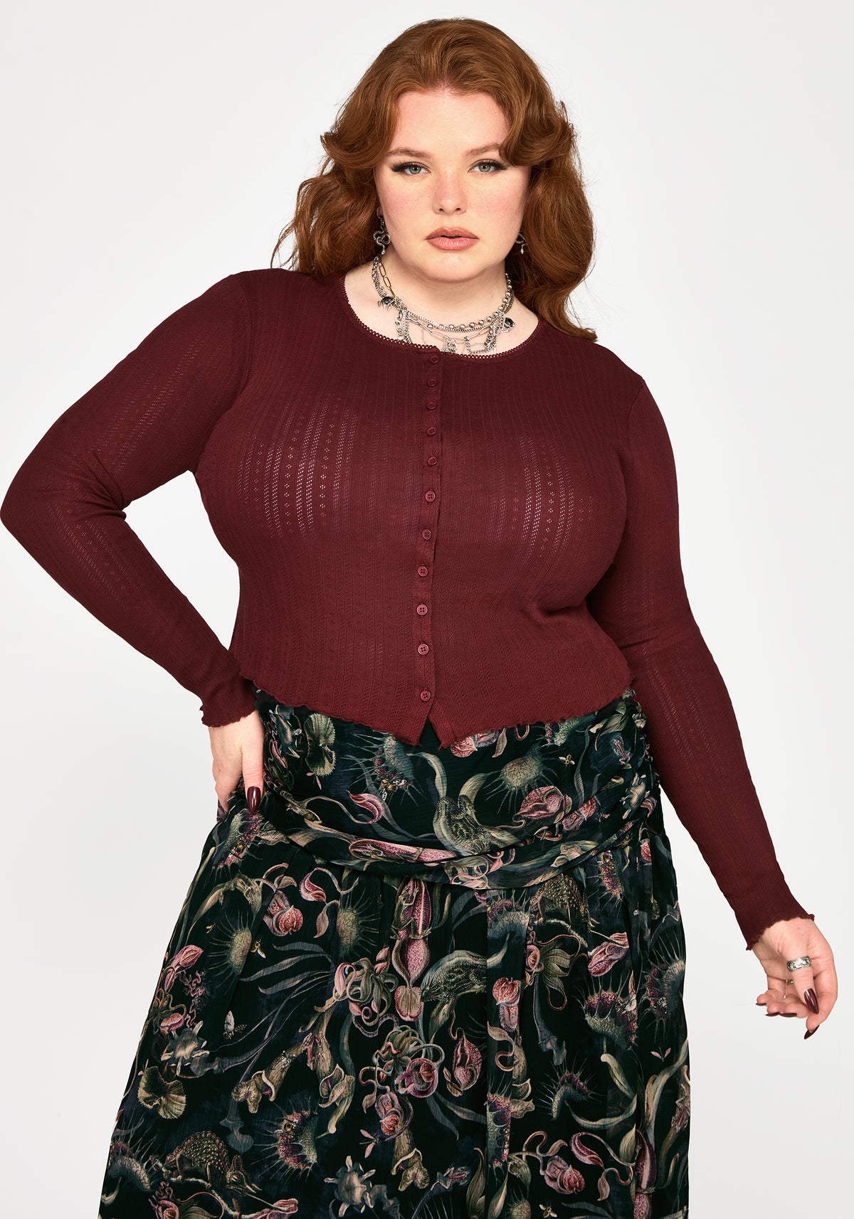 Lucera Pointelle Long Sleeve Cardigan - Red