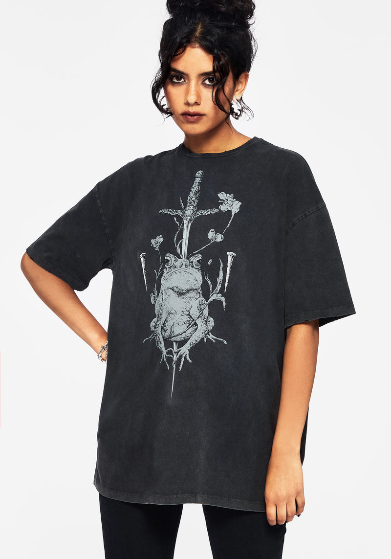 Anura Oversized Acid Wash Frog Graphic Print T-shirt