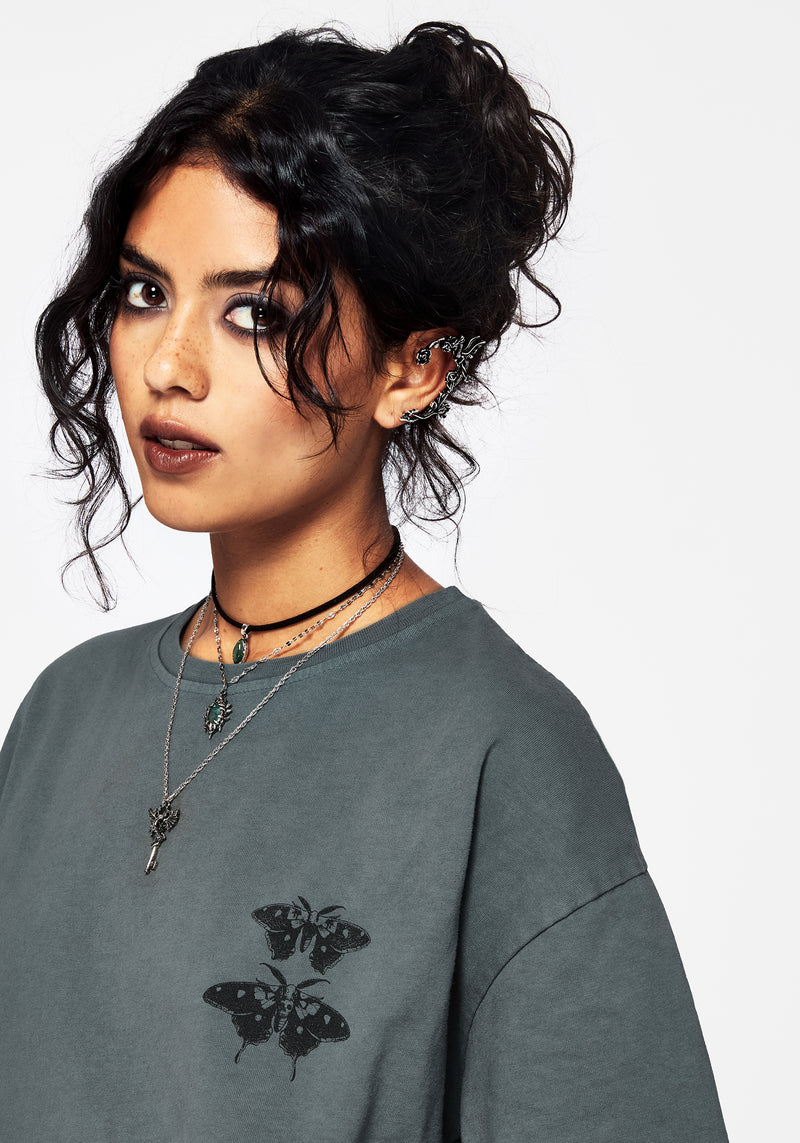 Artemisia Cotton Acid Wash Moth Graphic Tee Dress