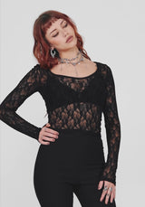 Lucera Long Sleeve Lace Scoop Neck Top - Black