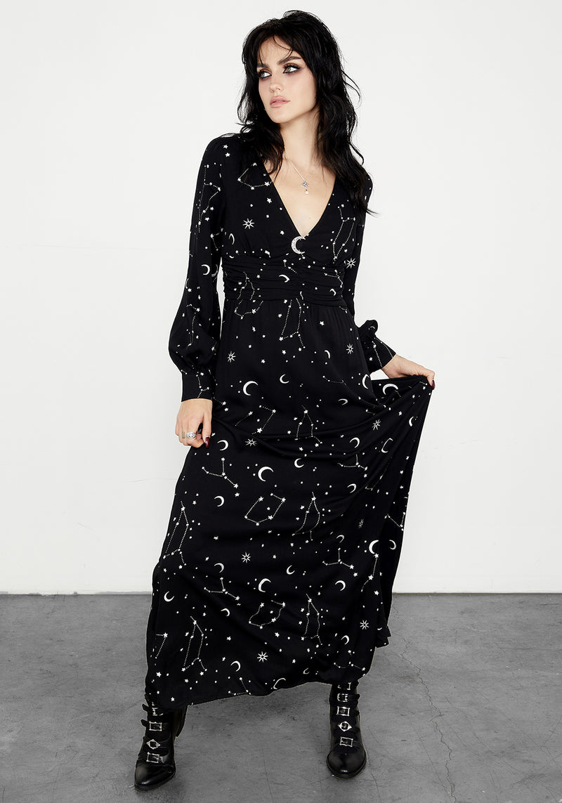 Silver Celestial Print Gathered Maxi Dress