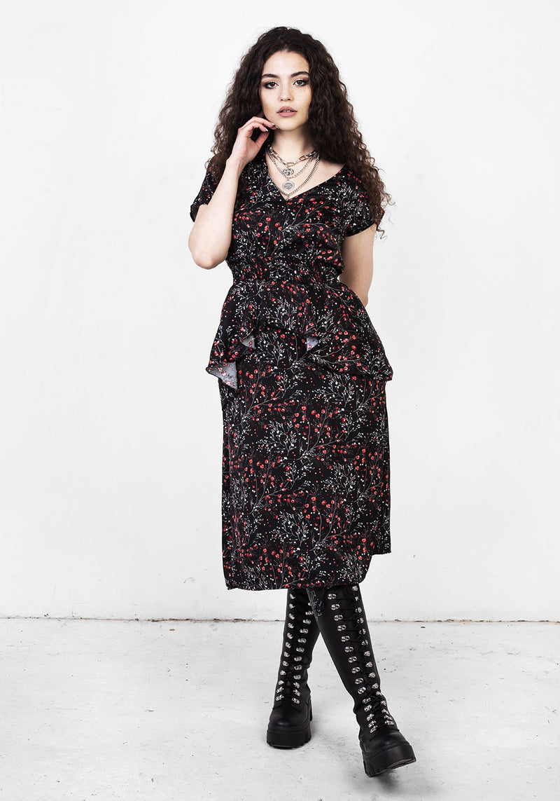 ROSETEARS FRILL PEPLUM MIDI DRESS