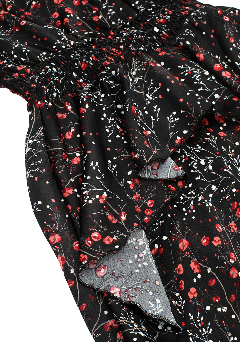 ROSETEARS FRILL PEPLUM MIDI DRESS