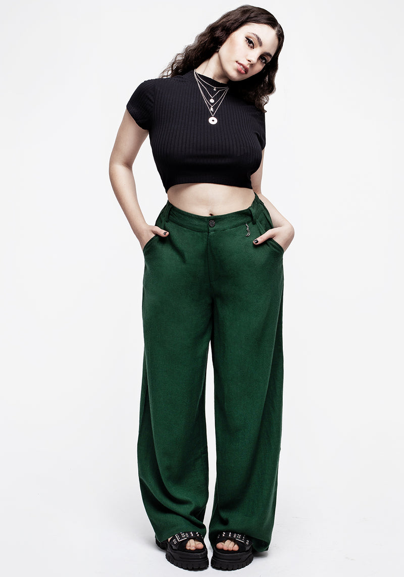 Oberon Green Wide Leg Linen Blend Trousers