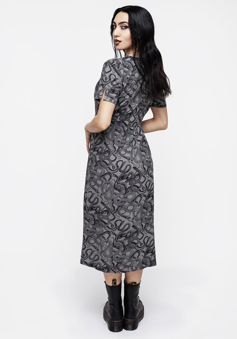 Ophidia Snakes Print Button Down Midi Dress - Grey