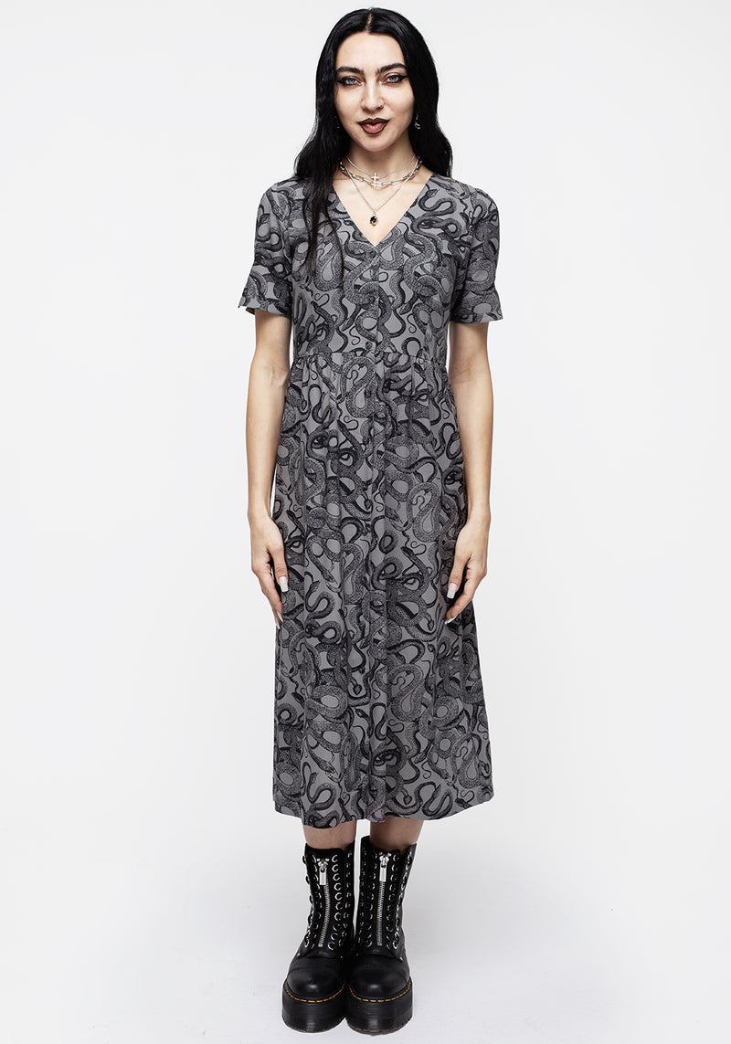 Ophidia Snakes Print Button Down Midi Dress - Grey