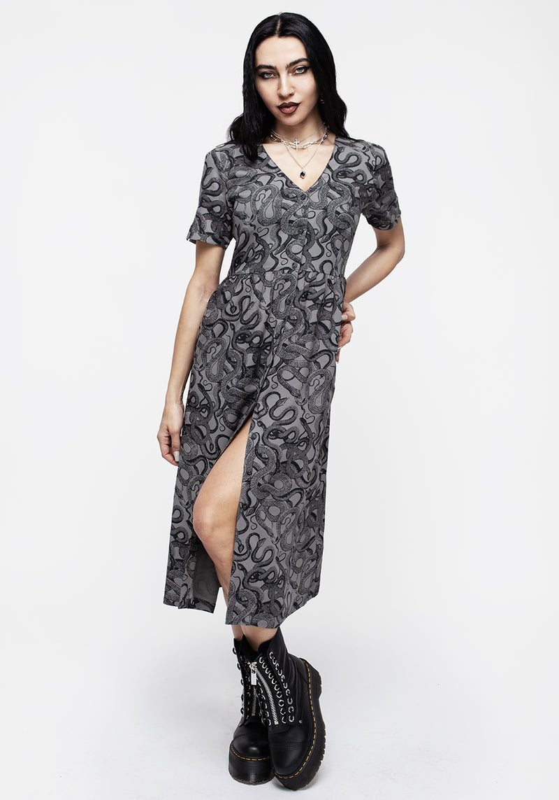 Ophidia Snakes Print Button Down Midi Dress - Grey