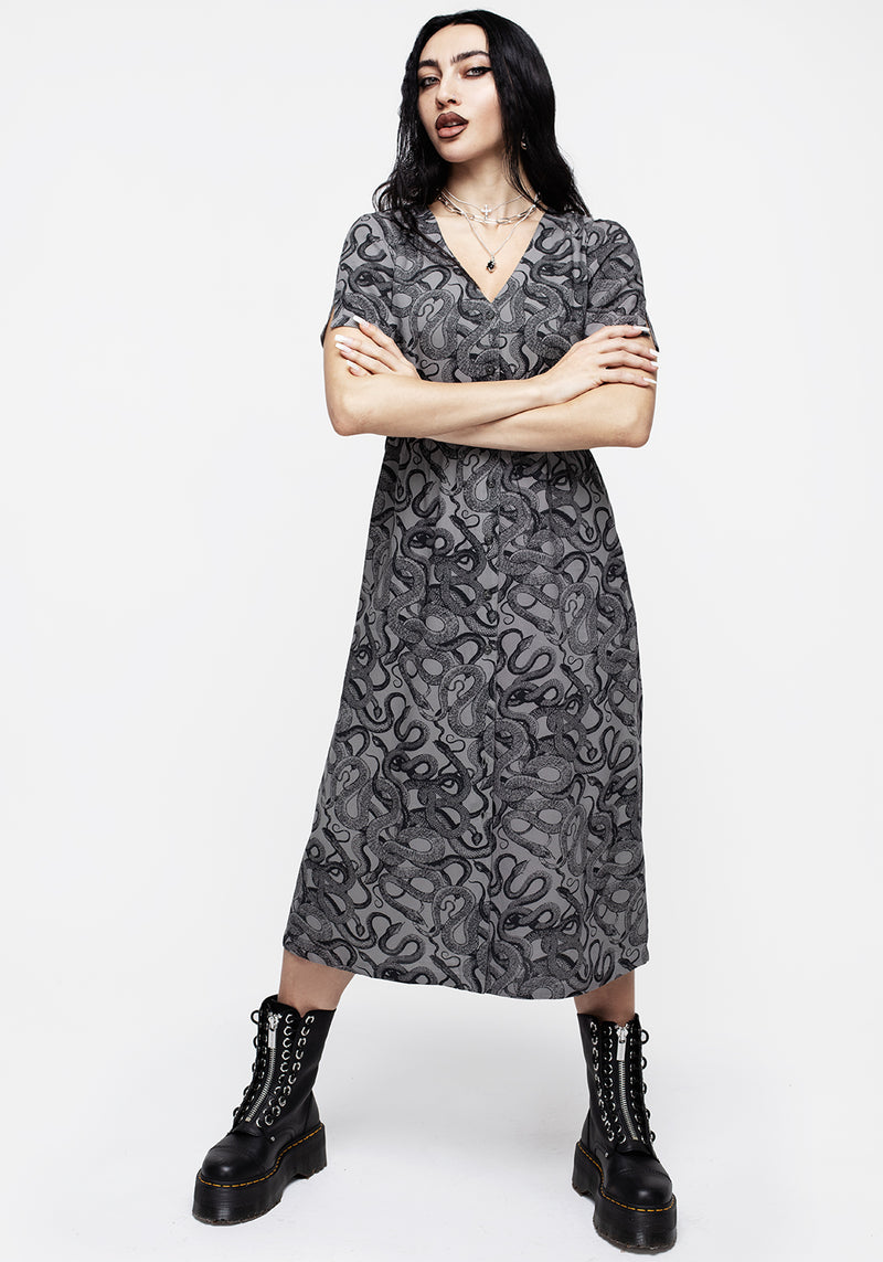 Ophidia Snakes Print Button Down Midi Dress - Grey
