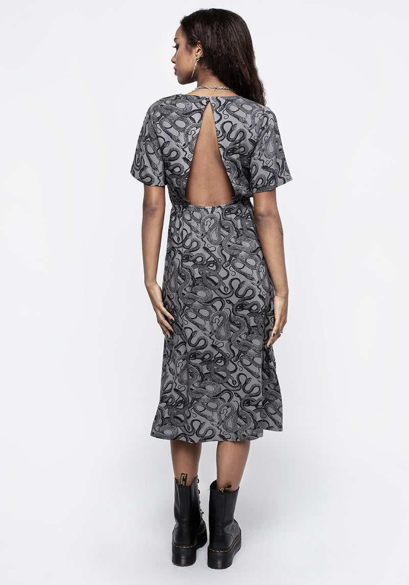 Ophidia Snakes Print Open Back Midi Dress - Grey