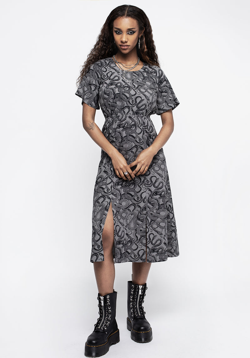 Ophidia Snakes Print Open Back Midi Dress - Grey