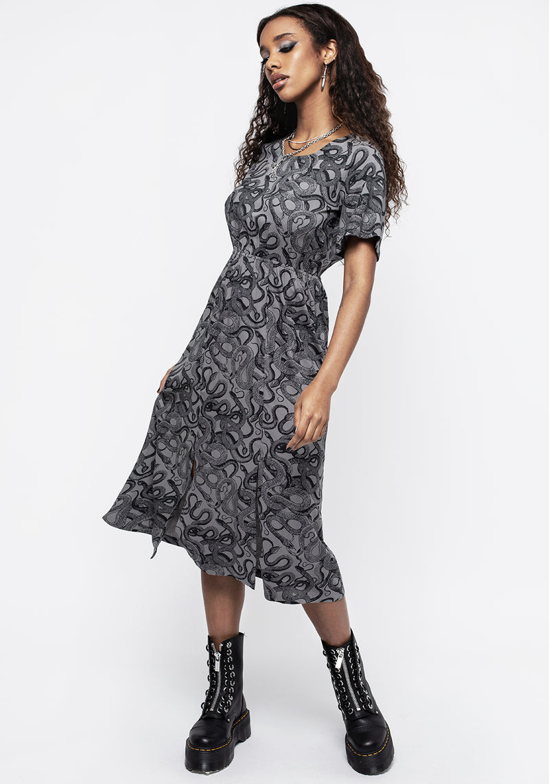 Ophidia Snakes Print Open Back Midi Dress - Grey